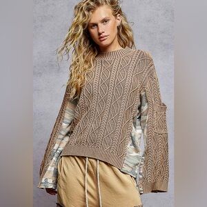 NWT POL Washed Cable Knit Sweater with Contrast Camo Print Fabric Patch Back
